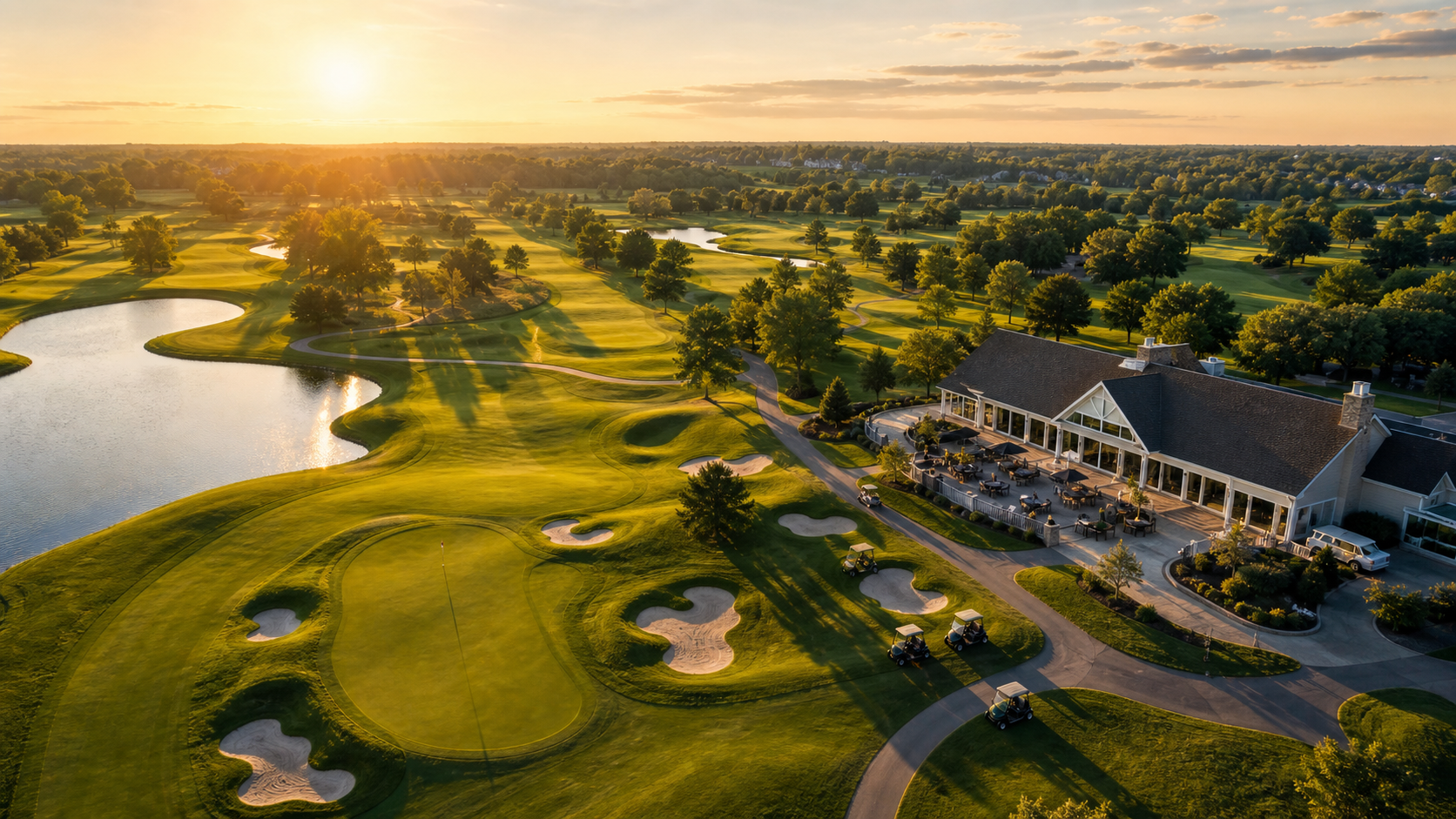 Aerial-style Indiana golf course with fairways, clubhouse, carts, and water