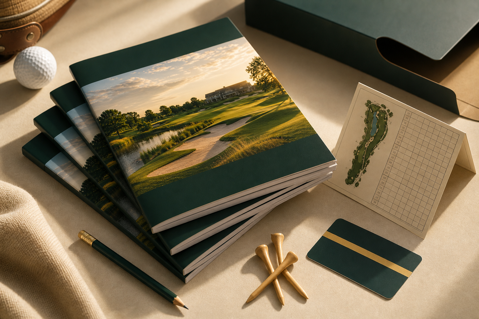 Golf tour books, scorecard, tees, pencil, and packaging mockup